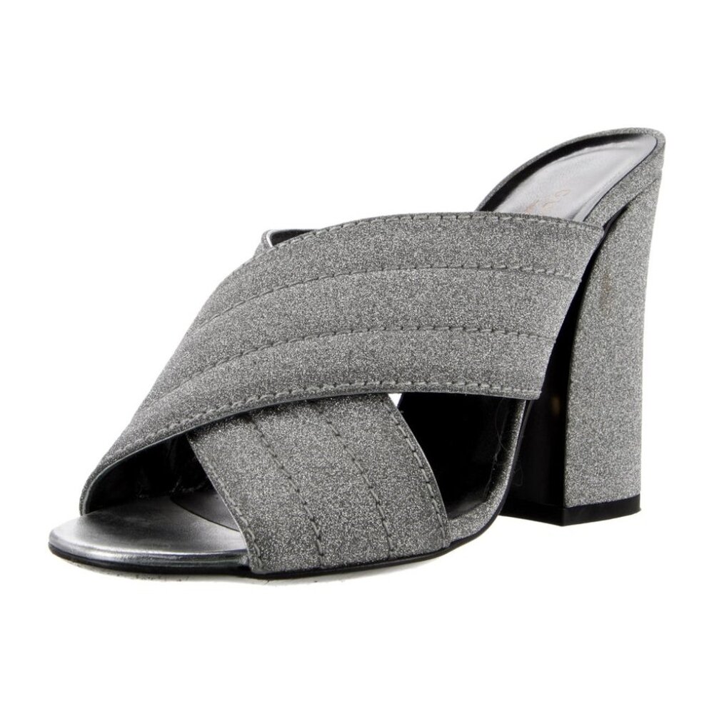 Gucci Webby Mules EU 36.5 US 6.5 Silver Glitter Block Heel Crossover Sandals